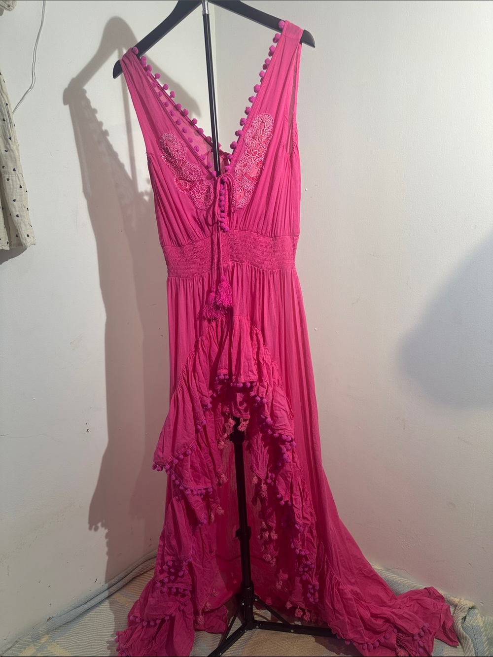Women’s Fuchsia High-Low Maxi Dress with Embroidered Bodice